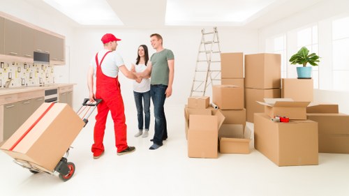 Packed office supplies ready for a Deptford business move
