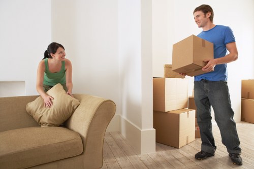 Packed office boxes and equipment ready for relocation