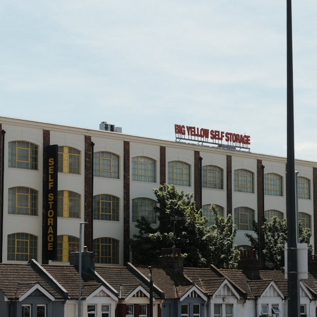 Exterior view of a large, multi-storey white building with yellow-framed windows, hosting a self-storage facility branded as 'Big Yellow Self Storage.' The signage is visible on the roof and vertically on a side panel. In the foreground, there are small residential houses with tiled roofs and chimneys, partially obscured by trees with green foliage. The scene is captured during daylight with a partly cloudy sky, and a street lamp is visible on the right side. This setting relates to house removals and packing services, highlighting the location within an urban environment suitable for moving or storage logistics, as offered by Man With a Van Deptford.